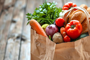 бумажный пакет для покупок, переполненный свежими продуктами и хлебом, на деревянном столе в деревенском стиле - yliv