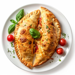 вкуснейшее домашнее кальцоне с помидорами и моцареллой на белой тарелке - yliv
