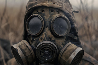 солдат в изношенном противогазе в зоне боевых действий - yliv