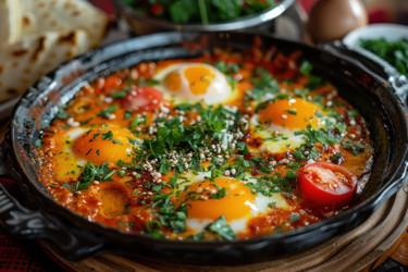 вкуснейшая шакшука с яйцами, помидорами, зеленью и специями, приготовленная на чугунной сковороде - yliv