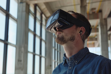 Архитектор в шлемофоне виртуальной реальности изучает 3d-модель строящегося здания - yliv