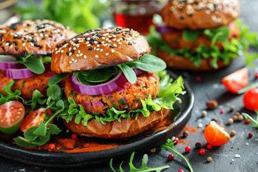 вкусные бургеры на растительной основе подаются на булочках с кунжутом и свежими овощами - yliv