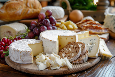 вкусная сырная доска с разнообразными сырами, хлебом и виноградом - yliv