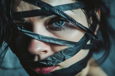 женщина с черной лентой, закрывающей ее лицо, пристально смотрит на зрителя - yliv