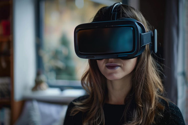 Женщина, исследующая виртуальную реальность с помощью vr-гарнитуры дома - yliv