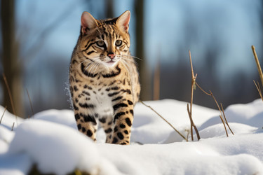 бенгальский кот гуляет по снегу солнечным зимним днем - yliv