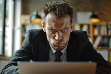 злой бизнесмен хмурится во время работы на ноутбуке в офисе - yliv