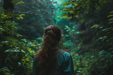 женщина, исследующая пышный зеленый лес, созерцающая красоту природы - yliv