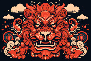Красная защита foo dog с витиеватым цветочным узором и облаками - yliv