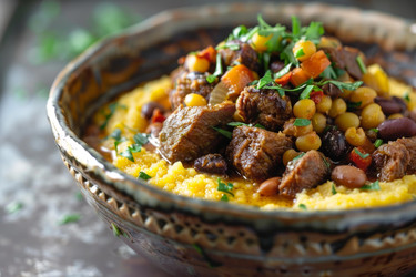 вкуснейшее рагу из говядины с полентой, фасолью и свежей зеленью в деревенском блюде - yliv