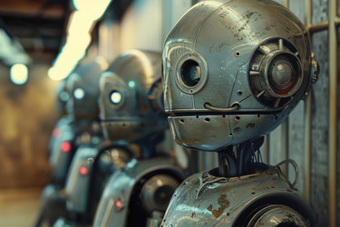 старинные роботы, стоящие в ряд в темном промышленном помещении - yliv
