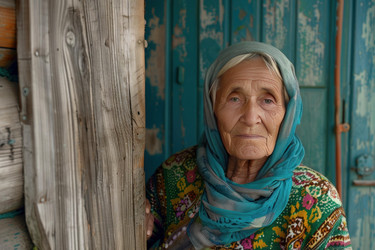 пожилая женщина в платке на голове стоит у деревянной двери - yliv