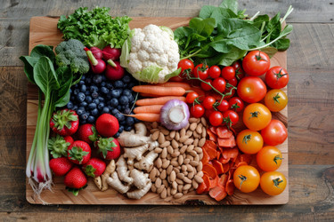 свежие продукты, разложенные на разделочной доске, яркая композиция из фруктов, овощей и орехов - yliv
