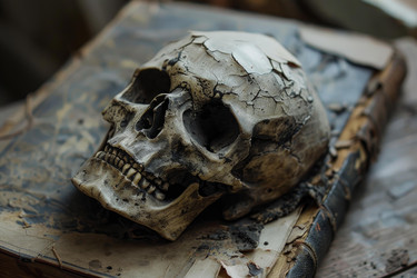 выветренный человеческий череп, покоящийся на древней книге, символизирующей смертность - yliv