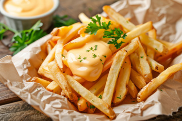 картофель фри с плавленым сыром и петрушкой в коричневом бумажном пакете - yliv