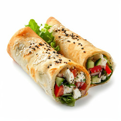 вкусные обертывания с начинкой из сыра фета, овощей и специй на белом фоне - yliv