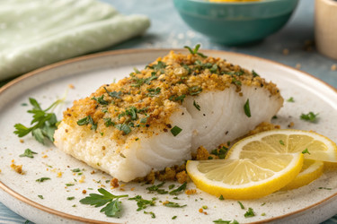 вкусное запеченное рыбное филе с хрустящей посыпкой и ломтиками лимона на тарелке - RomanZ