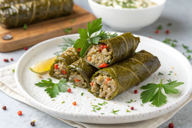 вкусные фаршированные виноградные листья подаются на тарелке с лимоном и зеленью - RomanZ