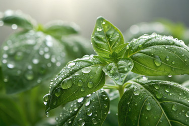 листья базилика с капельками воды в мягком свете во время прогулки по саду - RomanZ