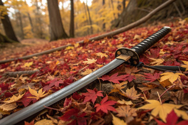 меч, лежащий на разноцветных осенних листьях в окружении леса - RomanZ