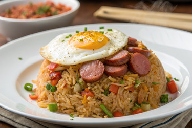 вкусное блюдо из риса с колбасой и жареным яйцом подается на белой тарелке - RomanZ