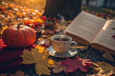 теплый напиток и осенние листья с книгой и тыквой на земле - RomanZ
