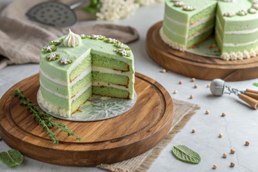 вкусный мятно-зеленый слоеный пирог на деревянном блюде в уютной обстановке - RomanZ
