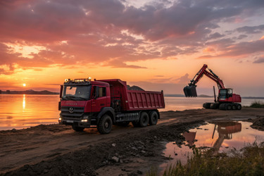 грузовики работают у воды во время захода солнца, перевозя землю и материалы - RomanZ