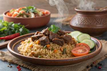 блюдо с рисом и мясом подается на тарелке с овощами и зеленью - RomanZ