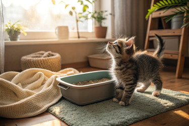 котенок исследует комнату с ящиком для мусора и солнечным светом, проникающим через окно - RomanZ