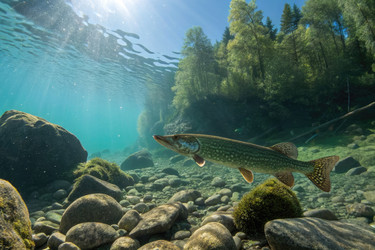 подводная сцена с рыбами, плавающими в прозрачной воде среди камней и растений - RomanZ
