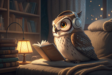 сова слушает музыку, читая книгу ночью в уютной комнате - RomanZ