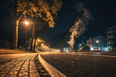 ночной вид на тихую улицу с уличными фонарями и туманом возле зданий - RomanZ