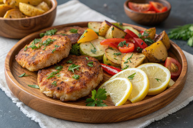 вкусное блюдо с рыбными котлетами и запеченными овощами, а также ломтиками лимона - RomanZ
