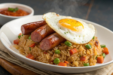 вкусное блюдо из риса с сосисками, жареным яйцом и овощами подается теплым - RomanZ
