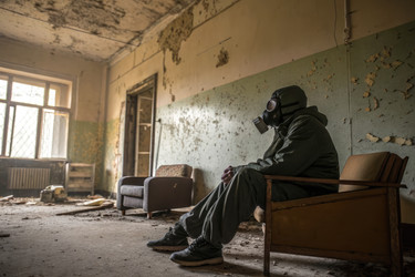 человек в защитном снаряжении сидит в пустой комнате с поврежденными стенами - RomanZ