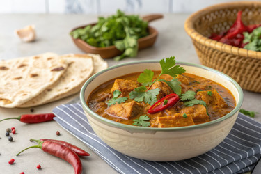 вкусное блюдо с карри, подаваемое на стол с хлебом и свежей зеленью - RomanZ
