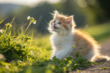 любопытный котенок исследует солнечный луг, усеянный полевыми цветами - RomanZ