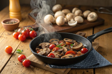 приготовление овощей на сковороде с поднимающимся паром в кухонных условиях - RomanZ