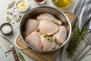 кусочки курицы в металлической кастрюле с зеленью и специями на кухонном столе - RomanZ