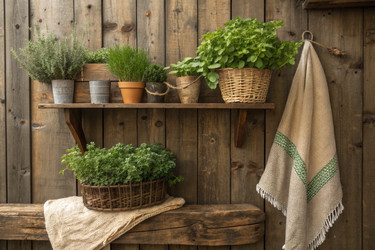 Herb Garden Display on Wooden Shelf With Cozy Décor Elements - RomanZ