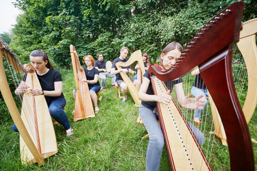 Ensemble of seven musicians play harps outdoors - paha_l