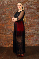 Pretty blonde woman in dress poses near red brick - paha_l