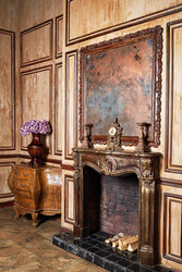 Room with fireplace, wooden chest with bunch of - paha_l