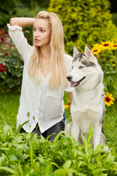 Young blond woman with dog Husky on grass in - paha_l