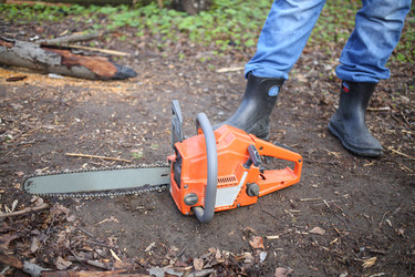 Chainsaw lying on the ground at the feet of men in - paha_l