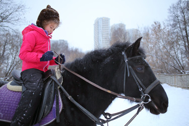 Girl in winter clothes on a black horse at the - paha_l