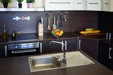 Empty kitchen with brown table with fruits, shiny - paha_l