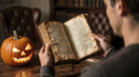 мужчина читает древнюю книгу рядом с резной тыквой - Vvicca