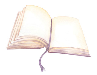крупный план открытой акварельной книги с мягкими пастельными страницами, закладкой на фиолетовой ленте и видимой текстурой бумаги на изогнутом корешке. акварельный объект ручной работы - Lizyaeva_art